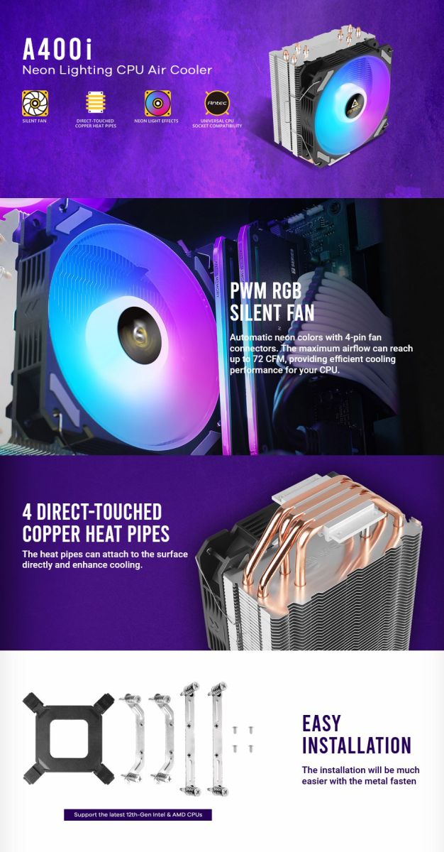 Antec A400i RGB Air CPU Cooler, 72 CFM Fan