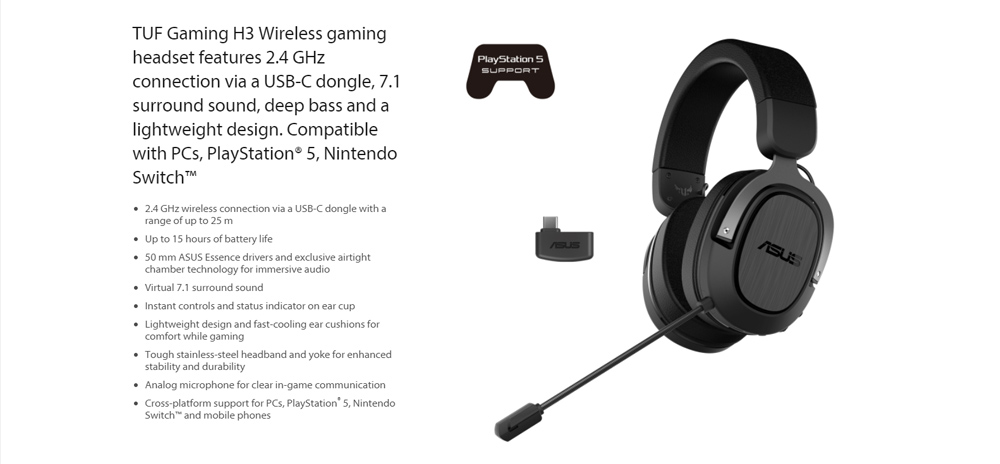 ASUS TUF GAMING H3 WIRELESS 7.1 Surround Sound Gaming Headset