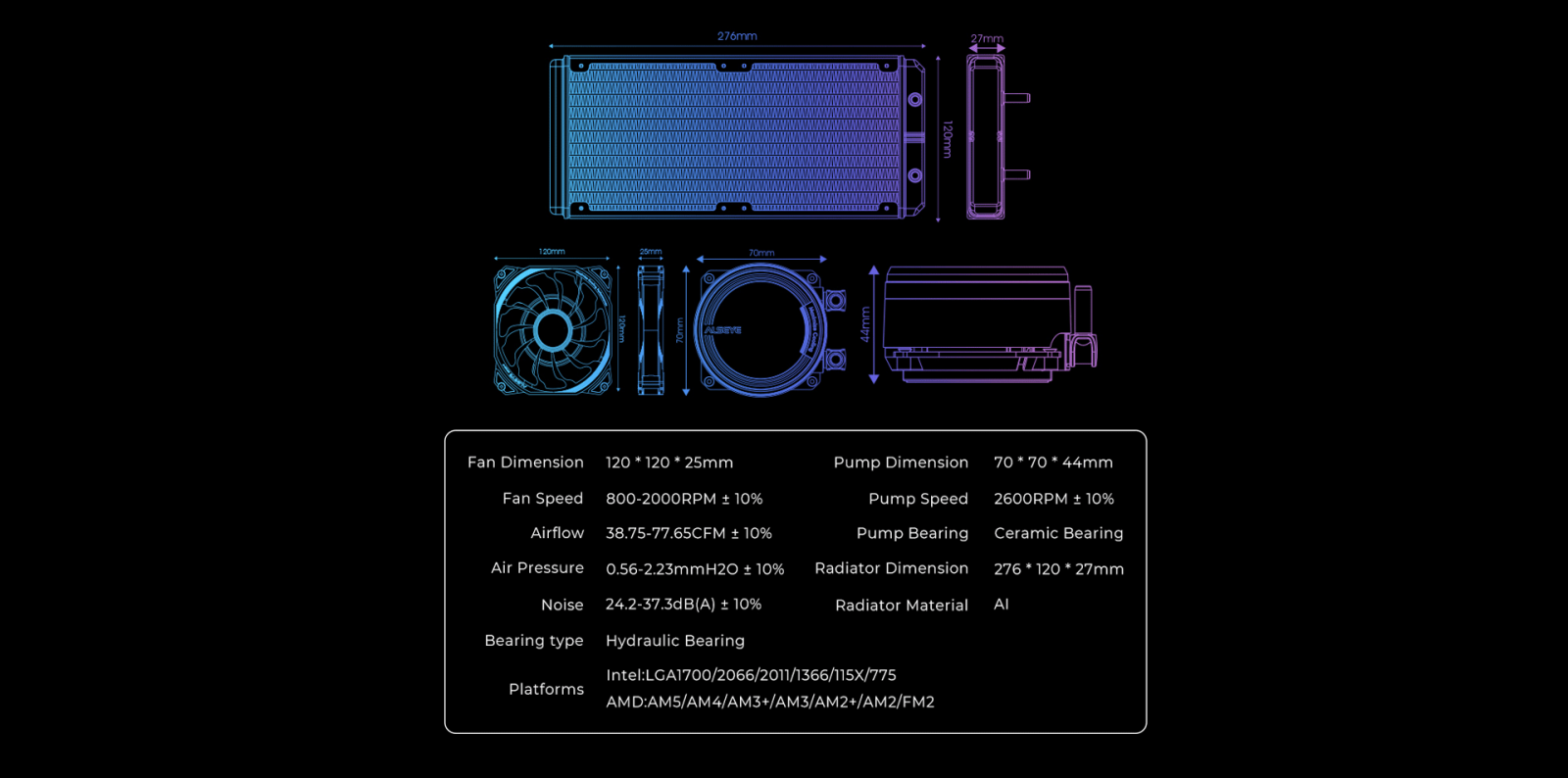 Alseye M240 AIO Liquid CPU Cooler - White Specs