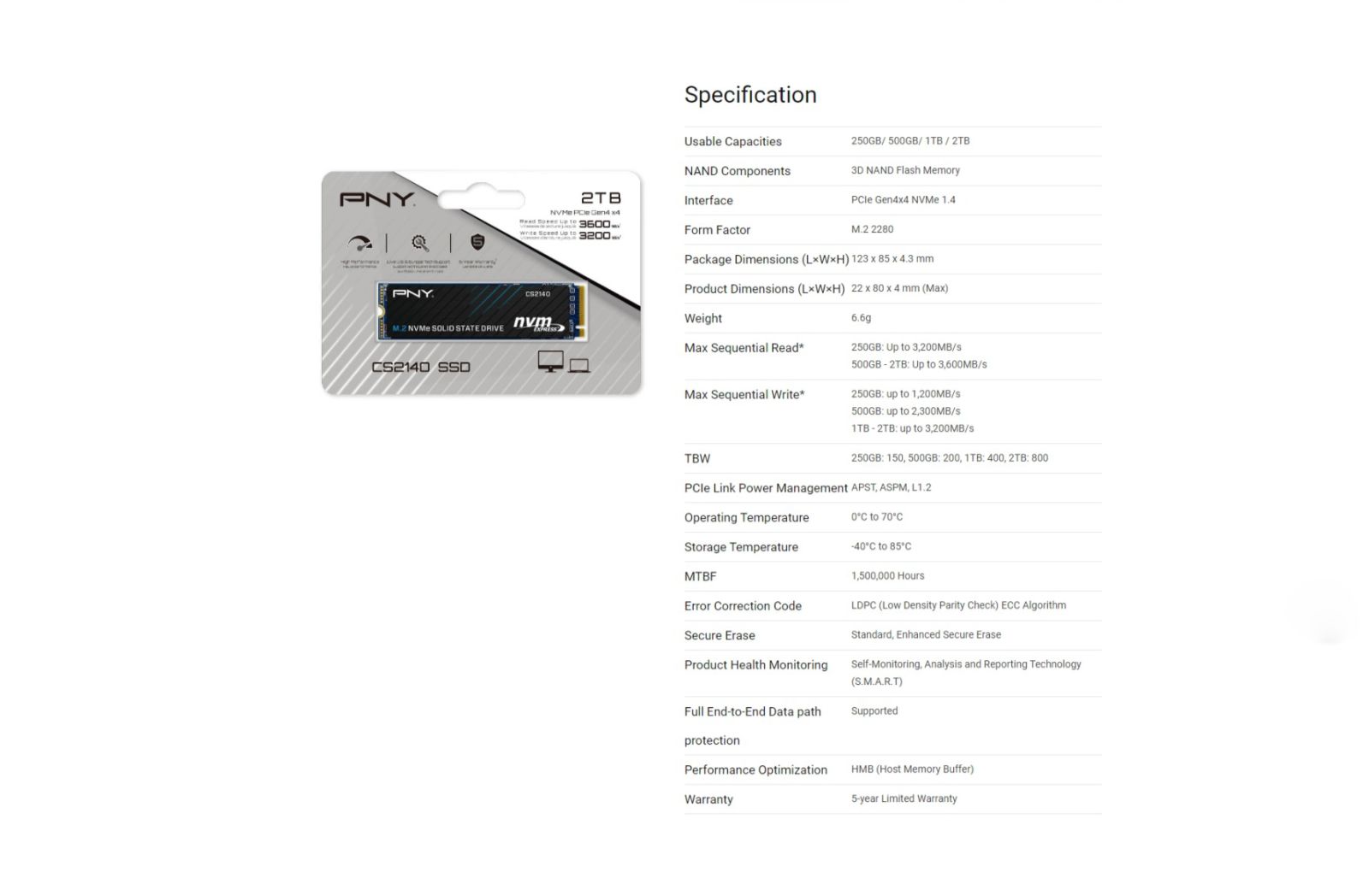 PNY CS2140 2TB NVMe SSD Specs
