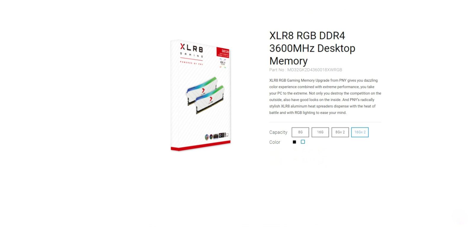 PNY XLR8 32GB (2x16GB) DDR4 UDIMM 3600Mhz-White